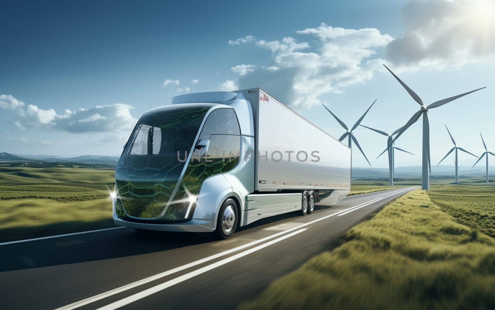 Wind turbine farm power electric vehicle charging station with beautiful sunset, Alternative sustainable green energy, eco friendly car recharge, Renewable clean resource concept 3d rendering