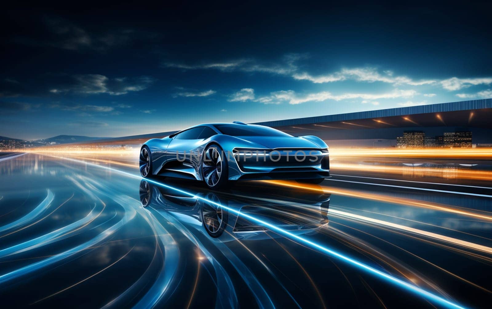 Speeding Sports Car On Neon Highway. Powerful acceleration of a supercar on a night track with colorful lights and trails. 3d render