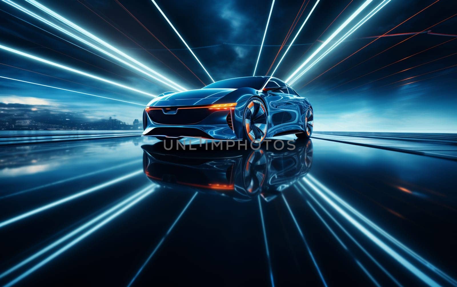 3D Car Model: Sports Car Driving at on a Wet Road on High Speed, Racing Through the Colorful Tunnel With Lights Reflecting Everywhere. Dark Supercar Driving Fast on Highway. VFX Edit. High quality photo