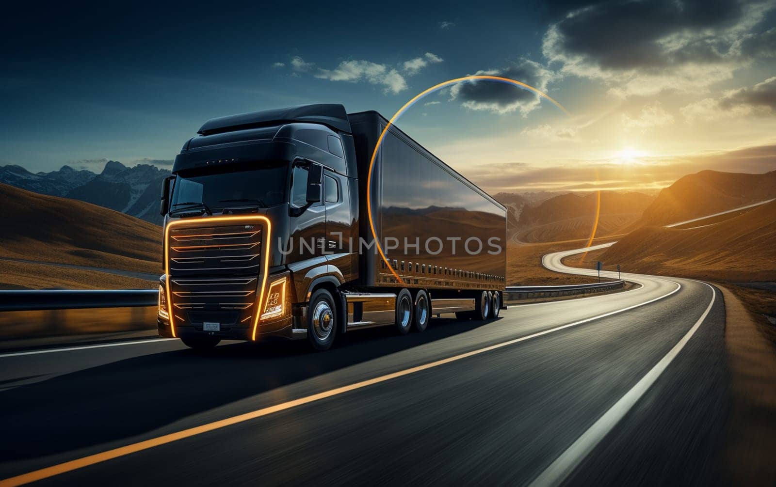 Blurring. A large truck is driving along the highway at high speed. Sky with bright red clouds. Delivery of cargo. High quality photo