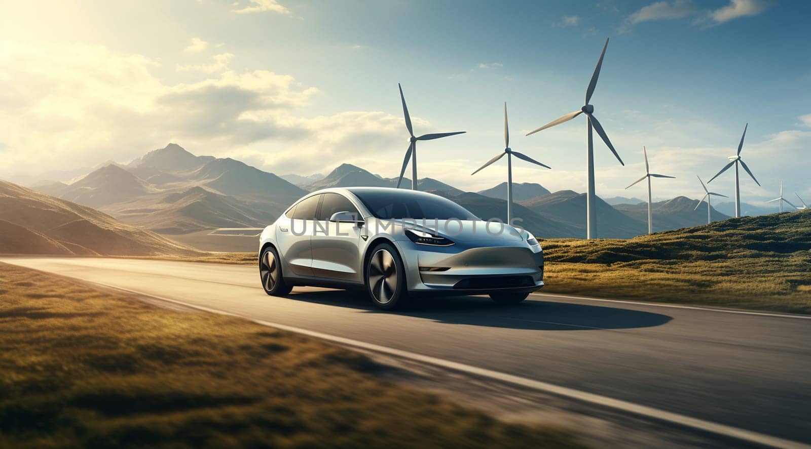 Wind turbine farm power electric vehicle charging station with beautiful sunset, Alternative sustainable green energy, eco friendly car recharge, Renewable clean resource concept 3d rendering