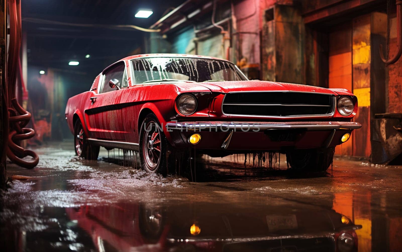 Adult Car Washer in Uniform Washing a Red Performance Car with a High Pressure Cleaner. Cleaning Technician Working on a Stylish American Car in a Dark Room. Commercial Studio Footage for Advertising. High quality photo