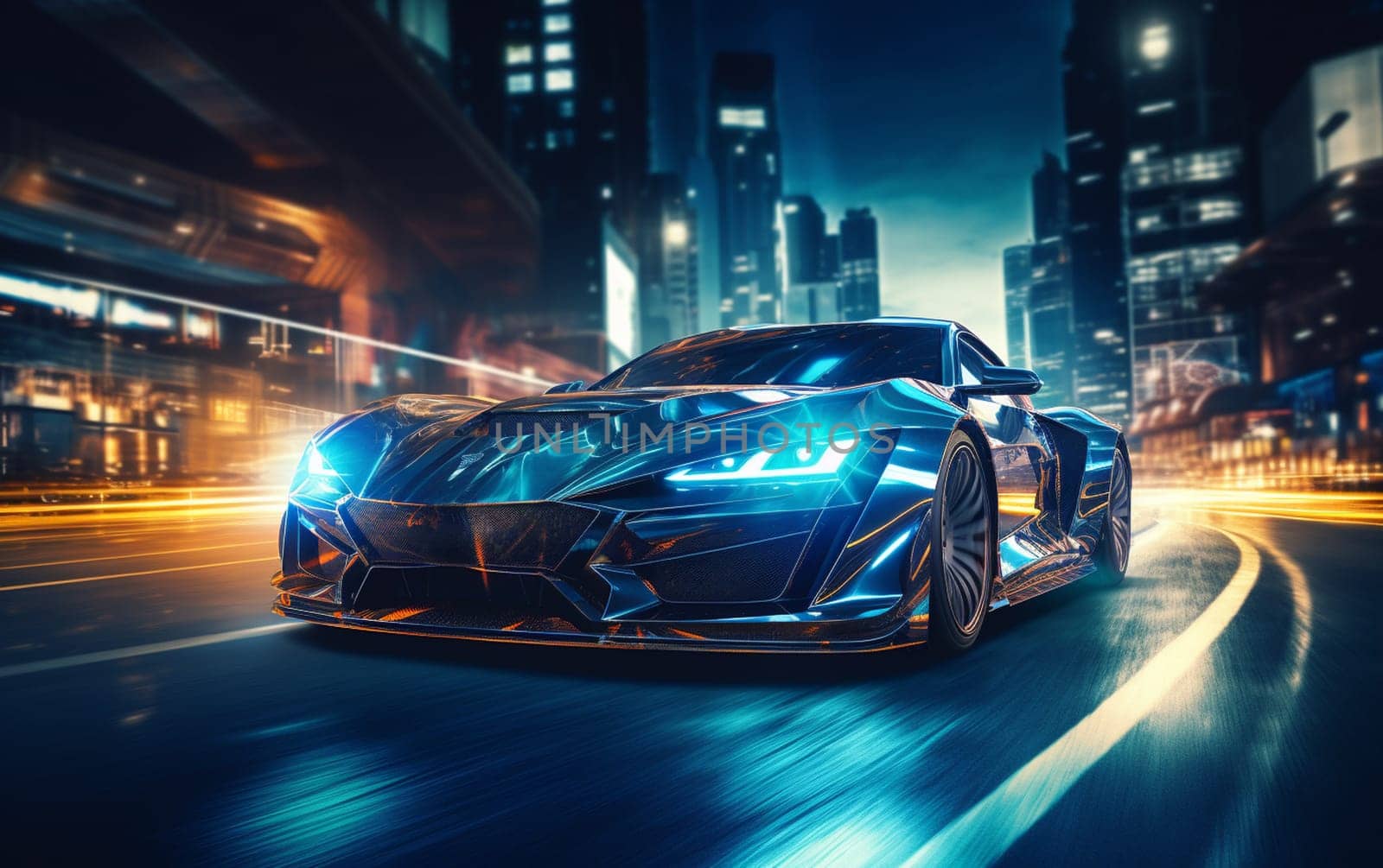 Futuristic Sports Car On Neon Highway. Powerful acceleration of a supercar on a night track with colorful lights and trails. 3d illustration