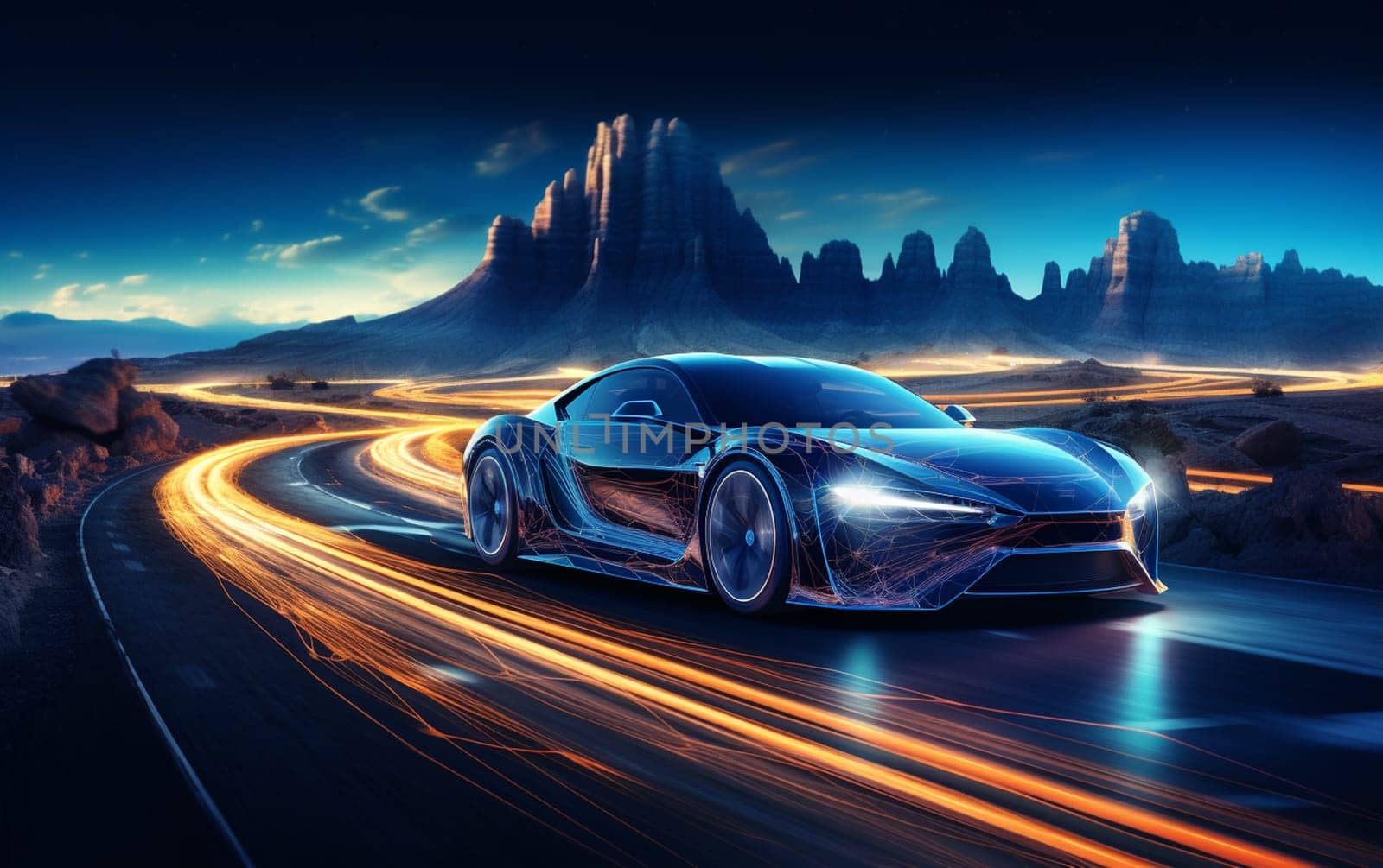 Speeding Sports Car On Neon Highway. Powerful acceleration of a supercar on a night track with colorful lights and trails. 3d render