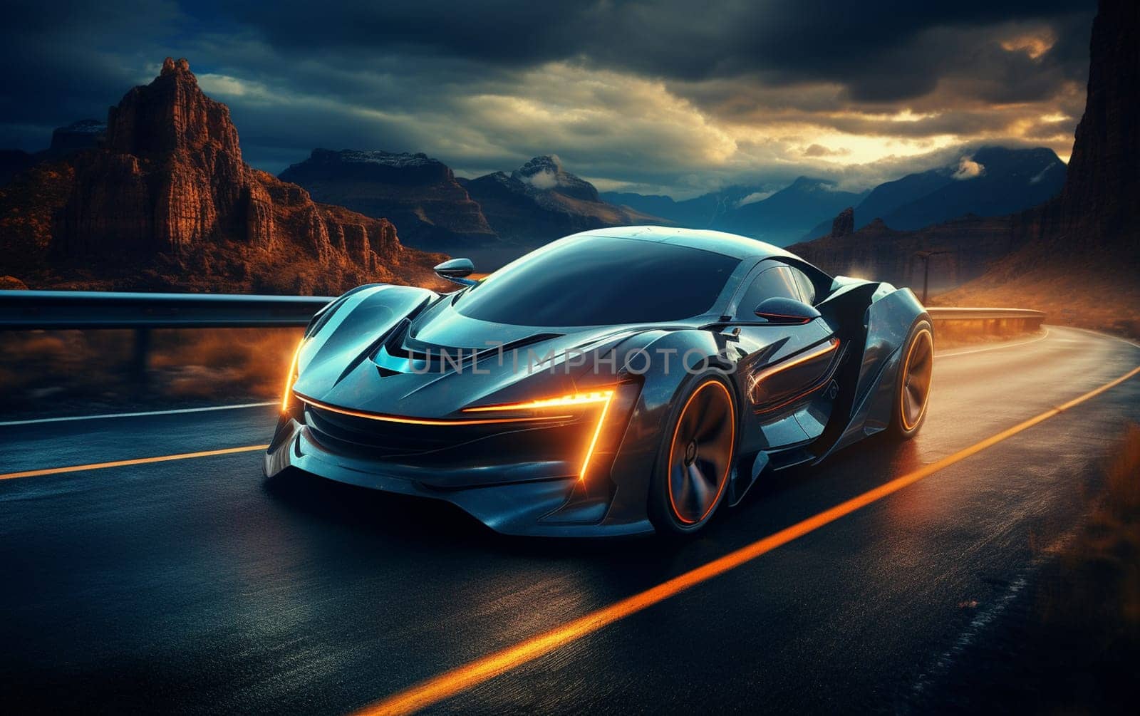 Speeding Sports Car On Neon Highway. Powerful acceleration of a supercar on a night track with colorful lights and trails. 3d render