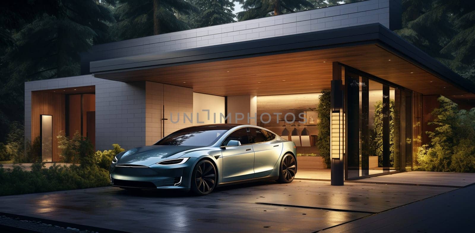 Futuristic electrick cars on warehouse parking. Logistic center. Green energy concept. 3d rendering. 3D Illustration