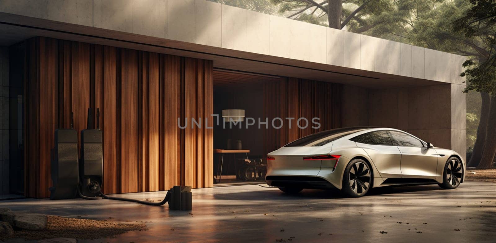 Futuristic electrick cars on warehouse parking. Logistic center. Green energy concept. 3d rendering. 3D Illustration by Andelov13