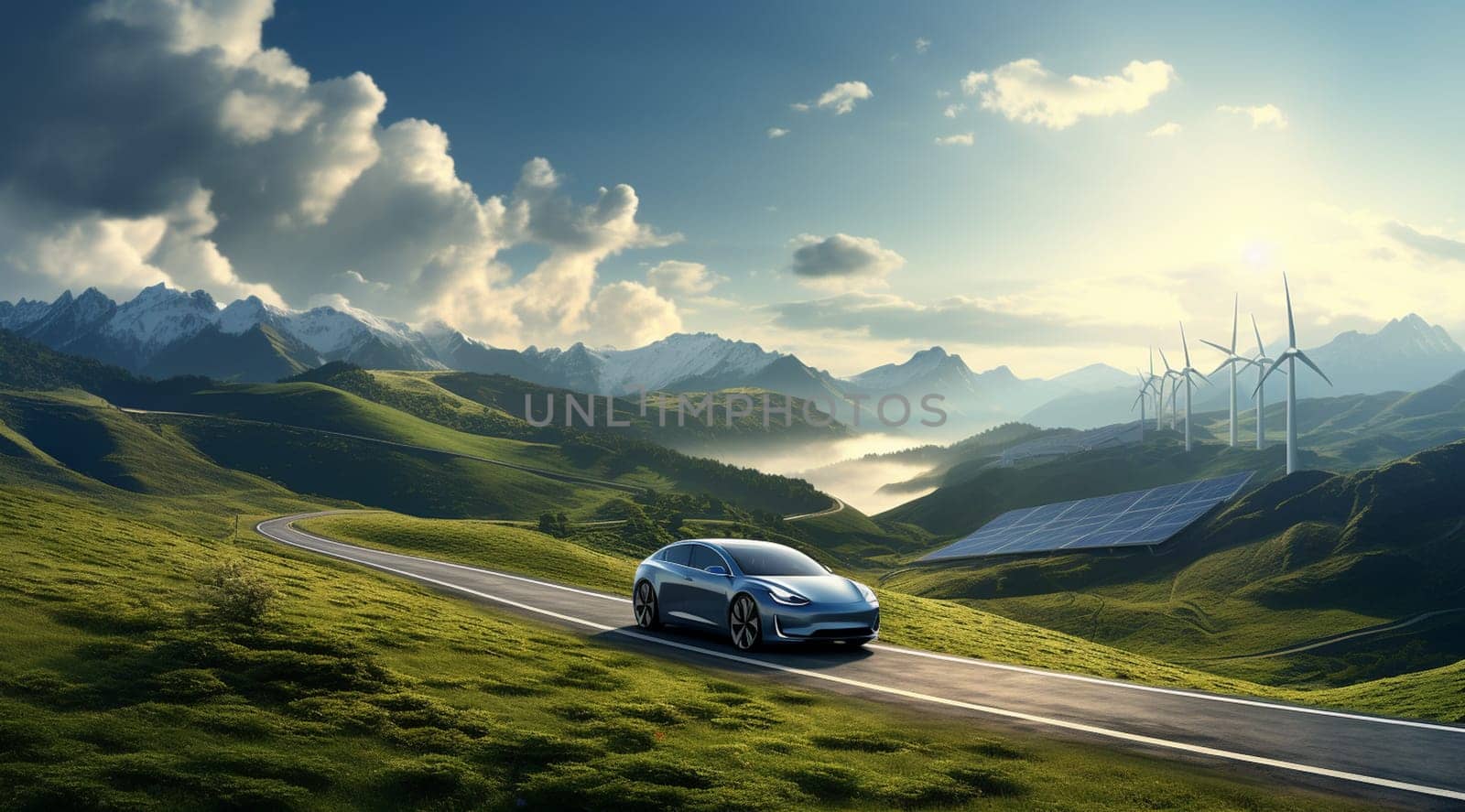 Wind turbine farm power electric vehicle charging station with beautiful sunset, Alternative sustainable green energy, eco friendly car recharge, Renewable clean resource concept 3d rendering