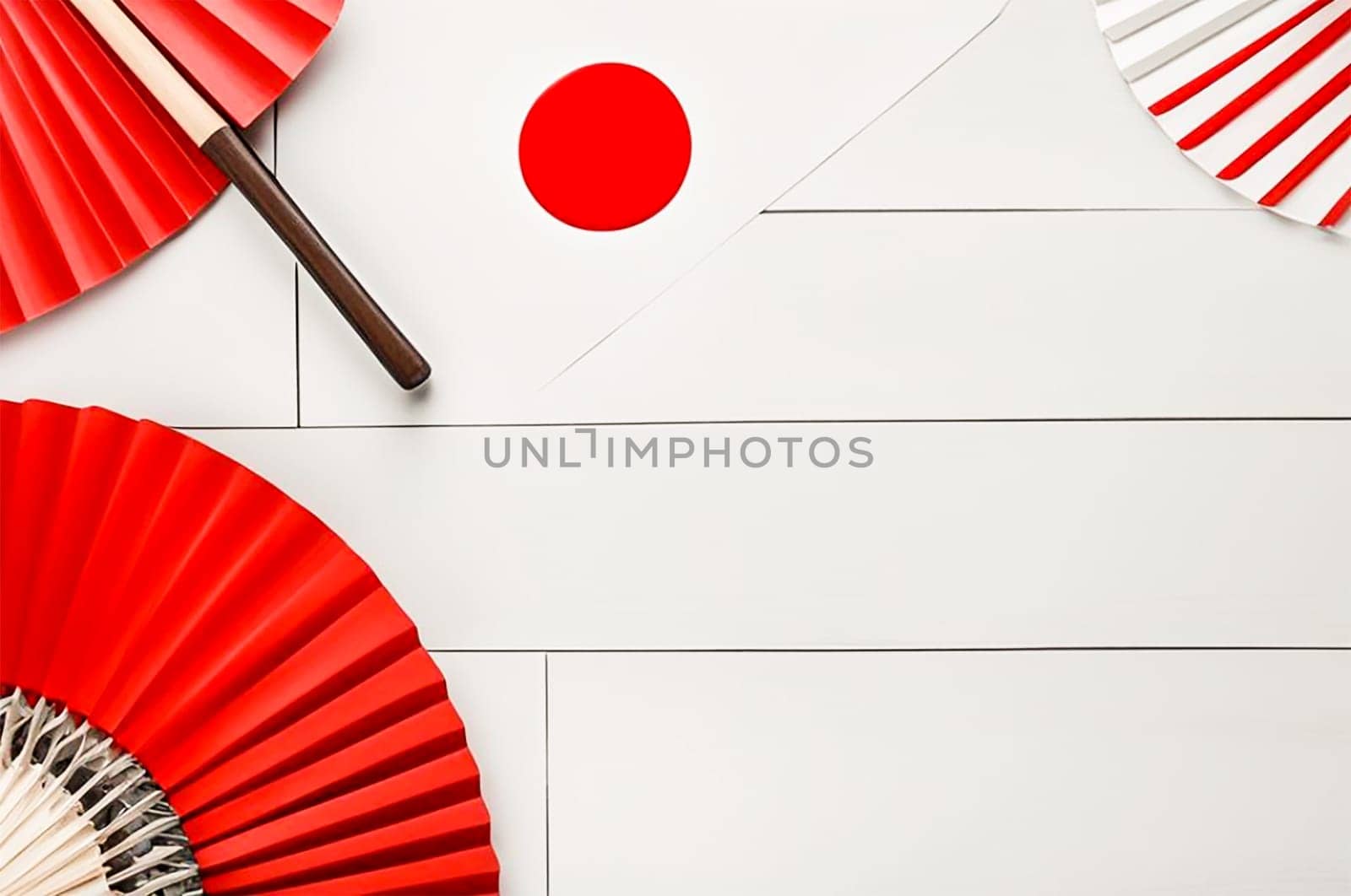 Top view of origami paper fans on a light background, traditional symbols of Japan, the concept of Independence Day, a place for text by claire_lucia