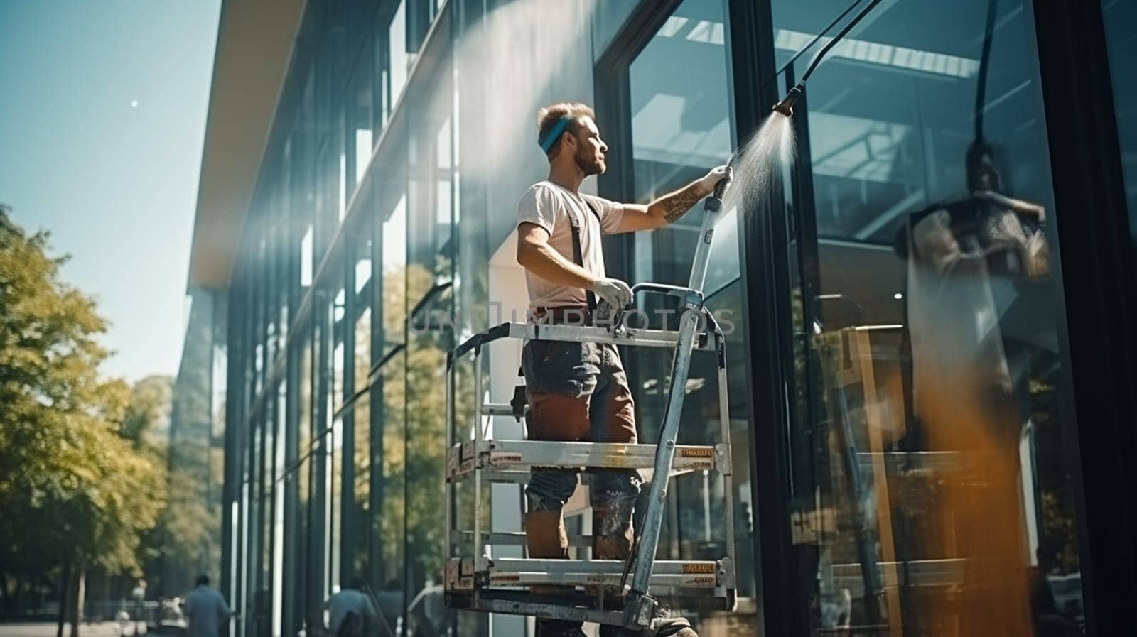 Window washing on a high-rise building using a hydraulic tower. High quality photo