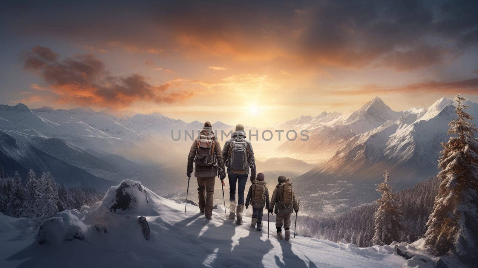 Winter mountain landscape and a group of people, extreme tourists, skiers, ski hiking. Raster illustration. High quality photo