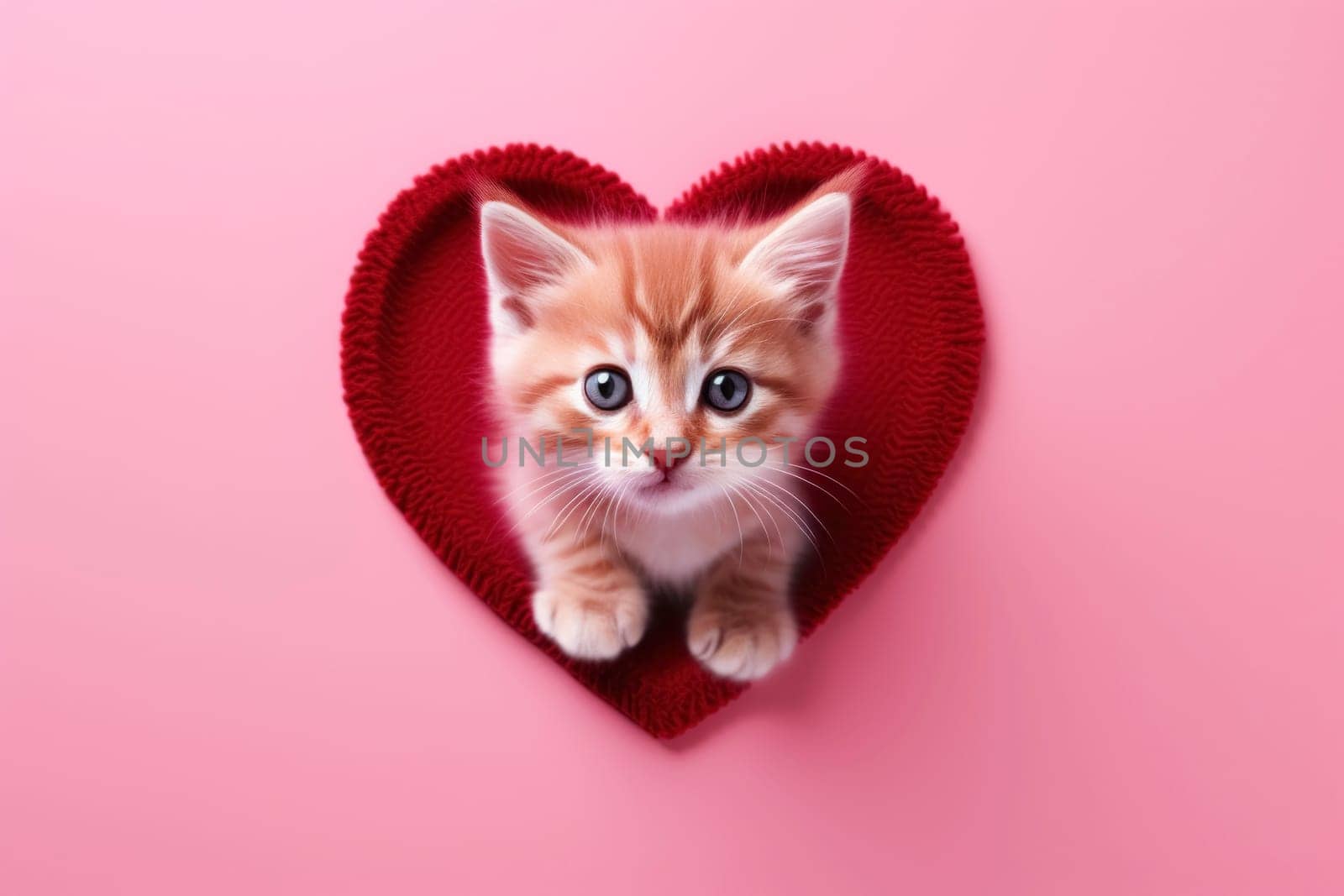 A cute and attractive kitten surrounded by a red heart on a pink background evokes the sweetness of Valentine's Day, perfect for banners or heartfelt greeting cards