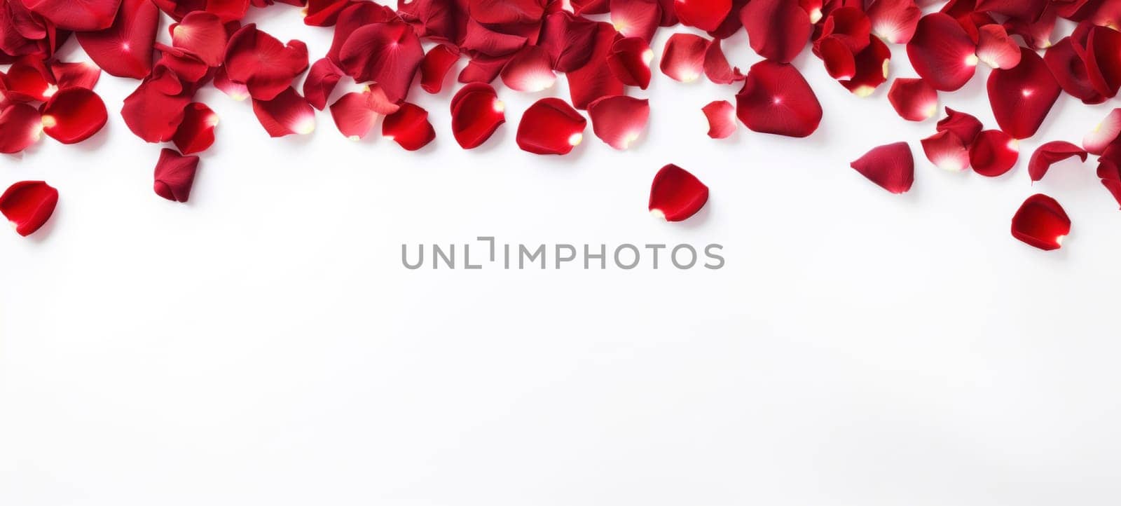 Romantic red rose petals on white background. Flat lay, top view, copy space.