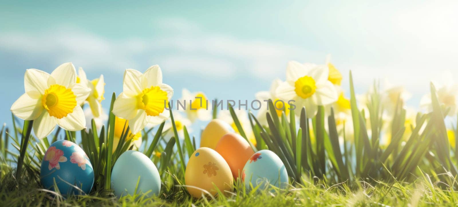 Happy Easter. Easter eggs on green grass with yellow daffodils on a sunny spring day. Easter banner with copy space