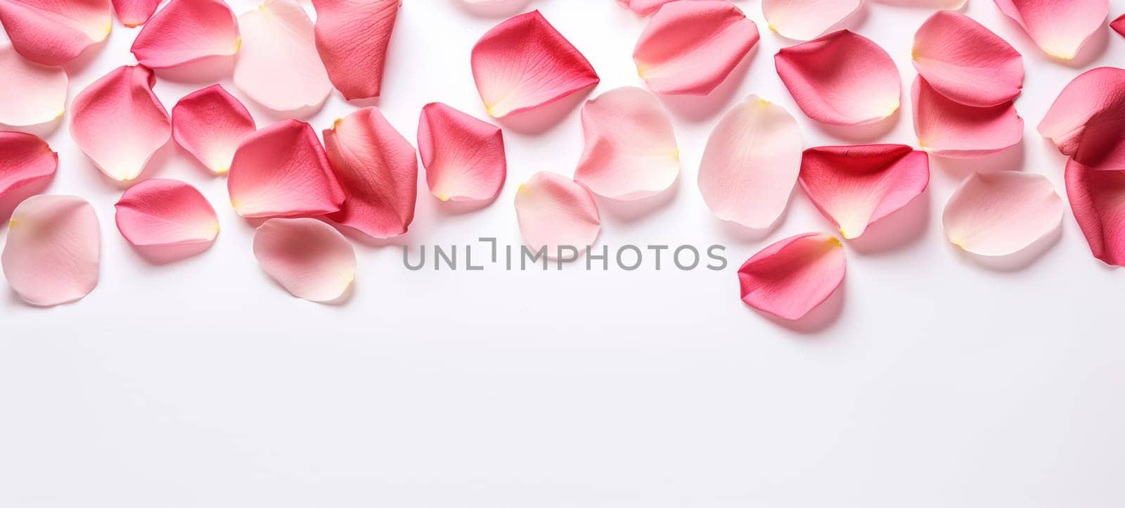 Romantic rose petals on white background. Flat lay, top view, copy space.