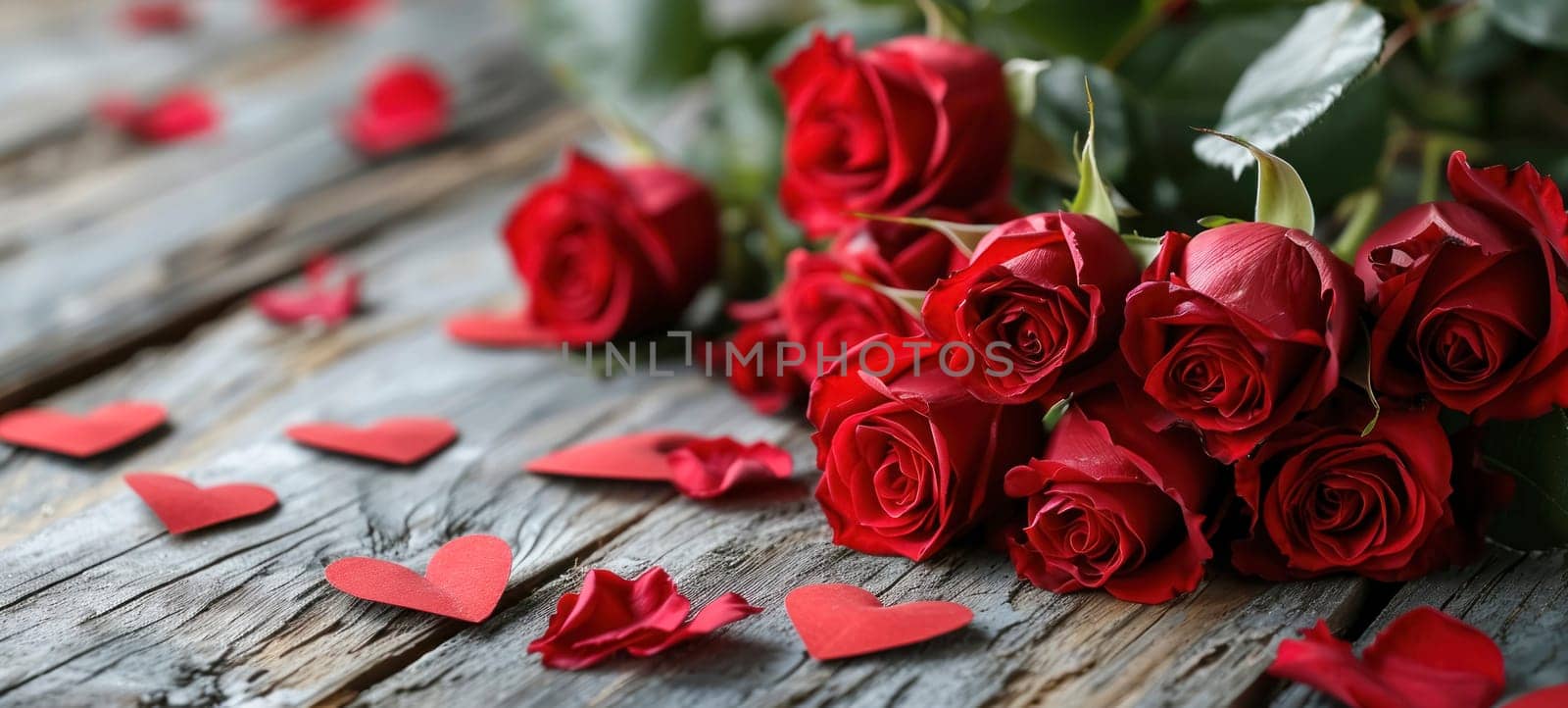 Roses and hearts on wooden board, Valentine's Day background, wedding day.