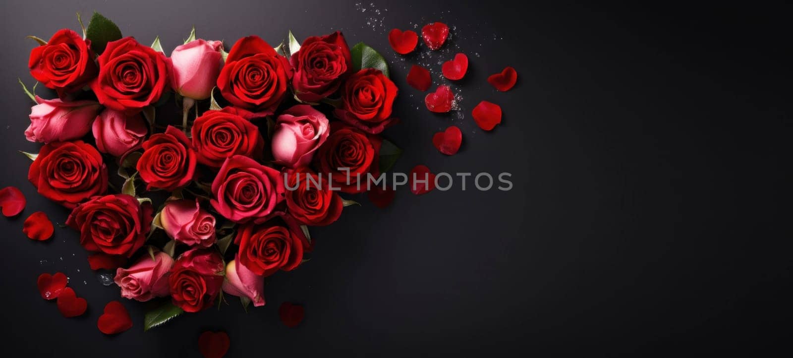 Roses Bouquet and Hearts background. Valentine's Day or wedding background.