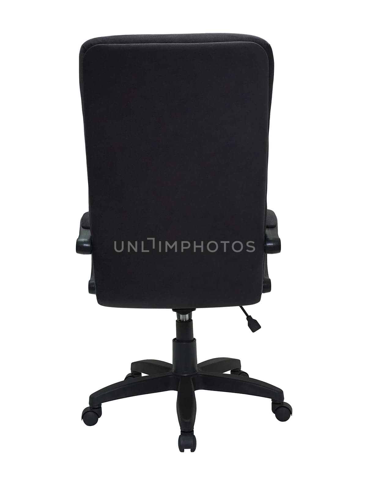 back view of black office armchair on wheels isolated on white background by artemzatsepilin
