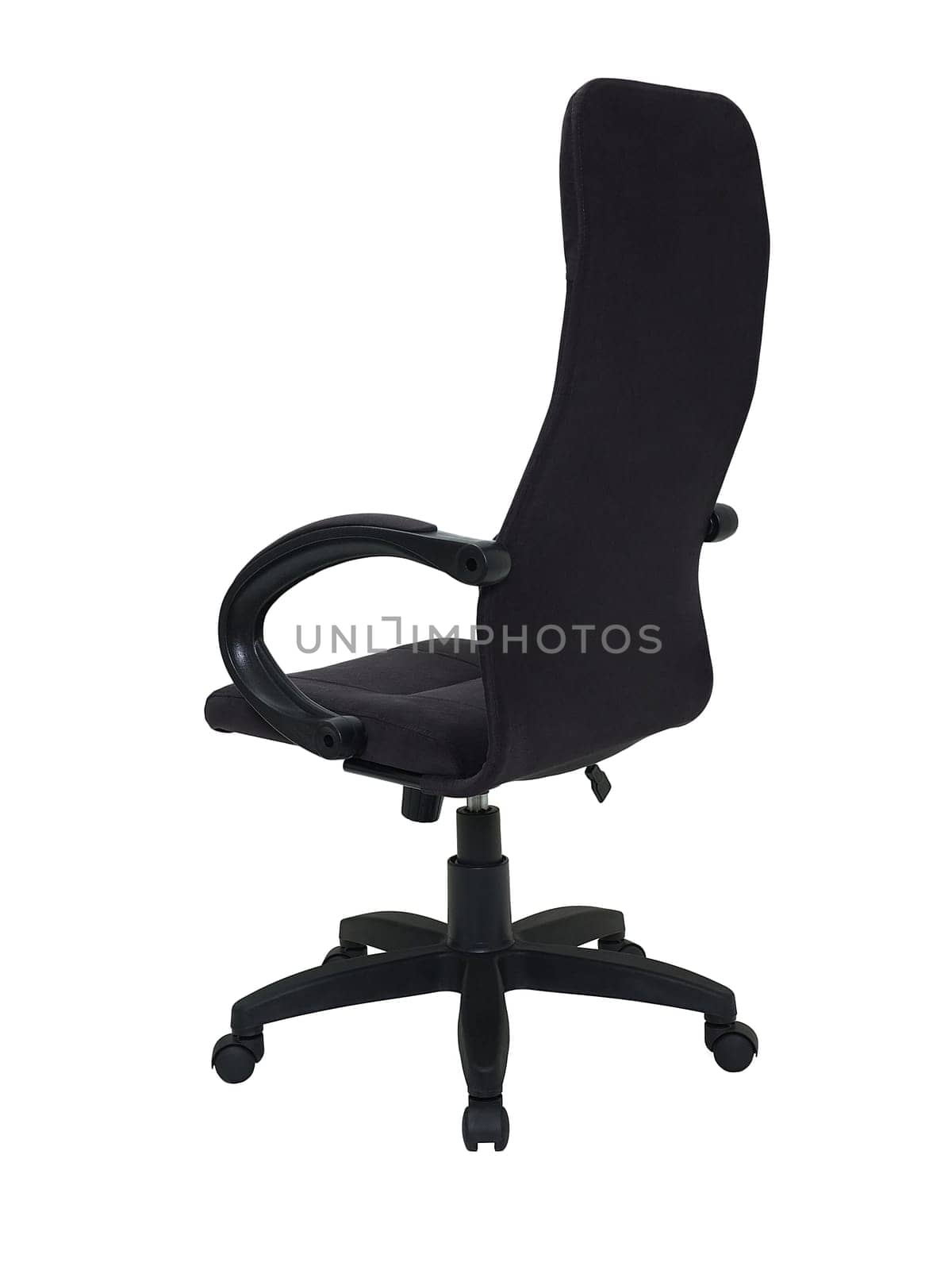 black fabric armchair on wheels isolated on white background, back view. modern furniture in minimal style, interior, home design