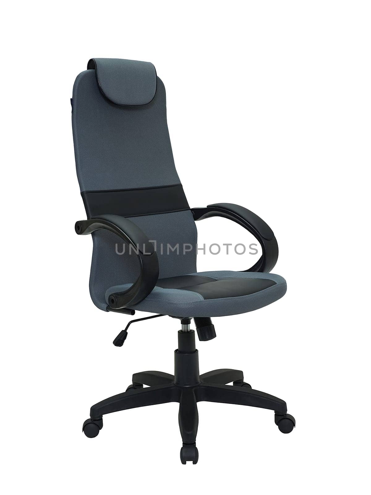 grey office armchair on wheels isolated on white background, side view. by artemzatsepilin