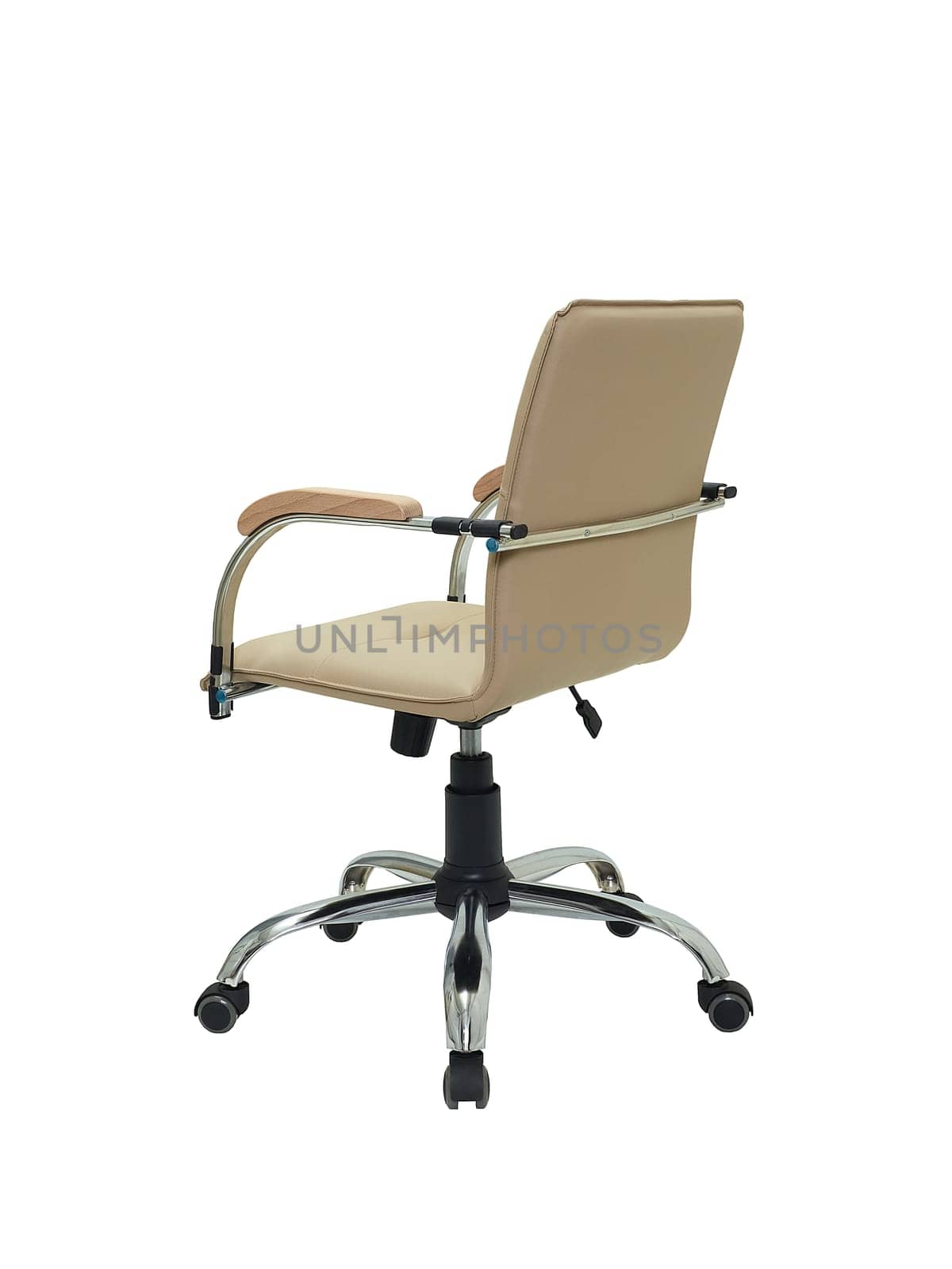 beige office armchair on wheels isolated on white background, back view. furniture in minimal style