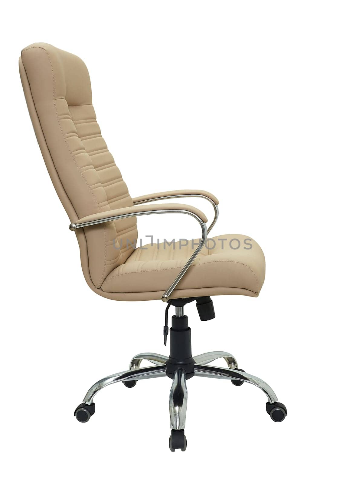 beige office armchair on wheels isolated on white background, side view. furniture in minimal style