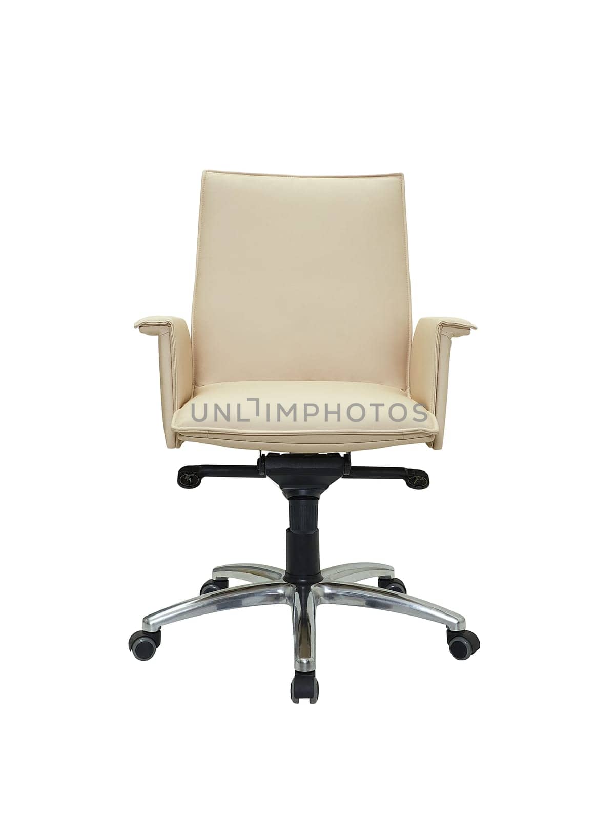 beige office armchair on wheels isolated on white background, front view by artemzatsepilin