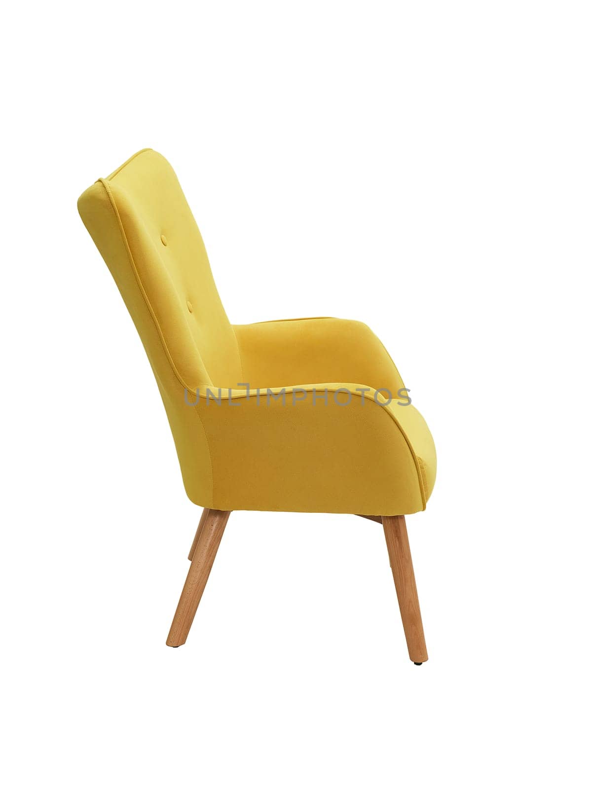 modern yellow fabric armchair with wooden legs isolated on white background, side view