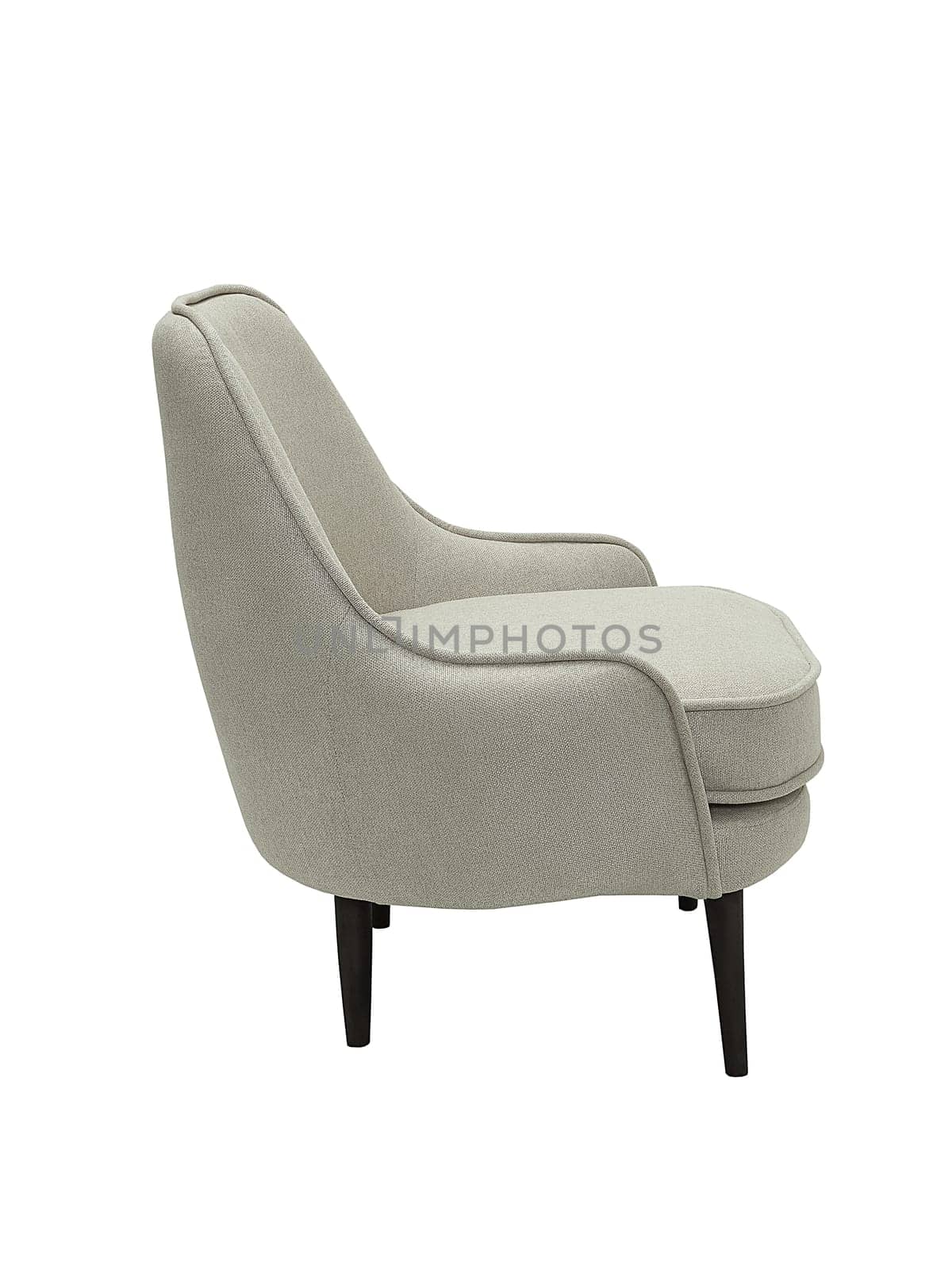 modern fabric grey armchair with wooden legs isolated on white background, side view.