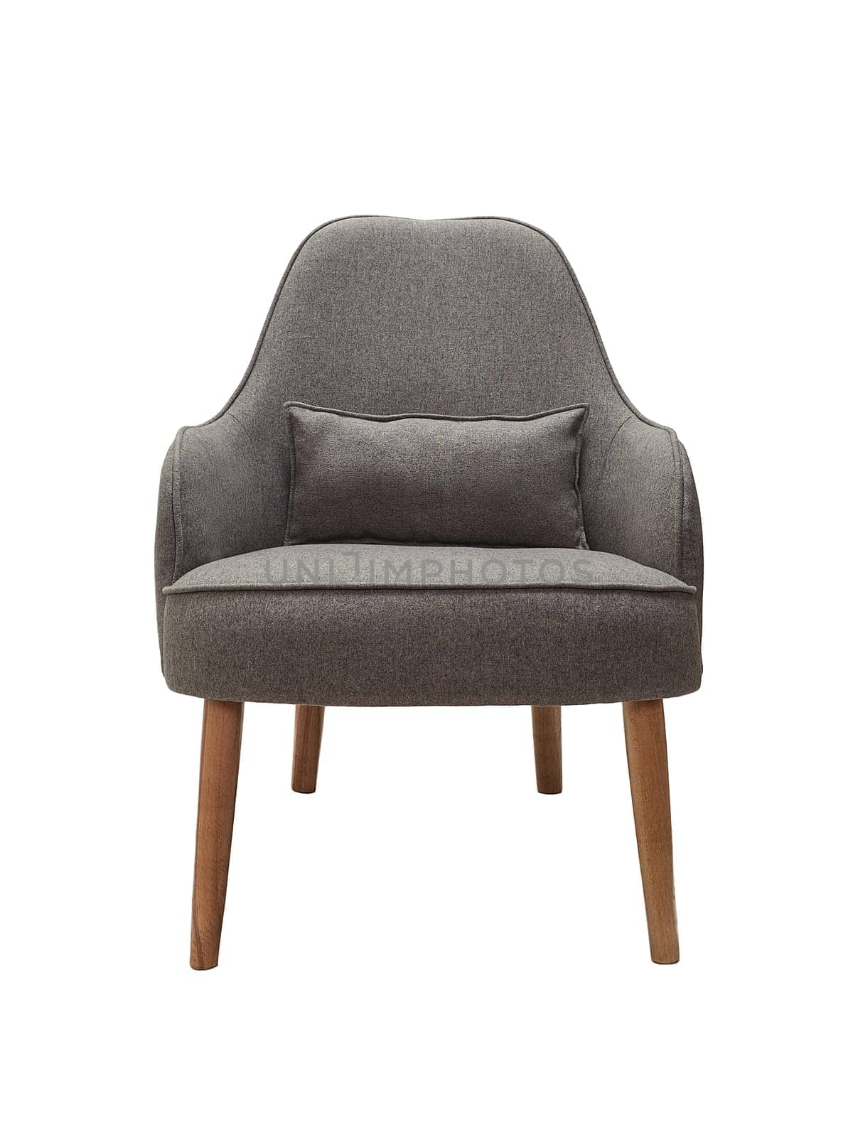modern fabric grey armchair with wooden legs isolated on white background, front view.