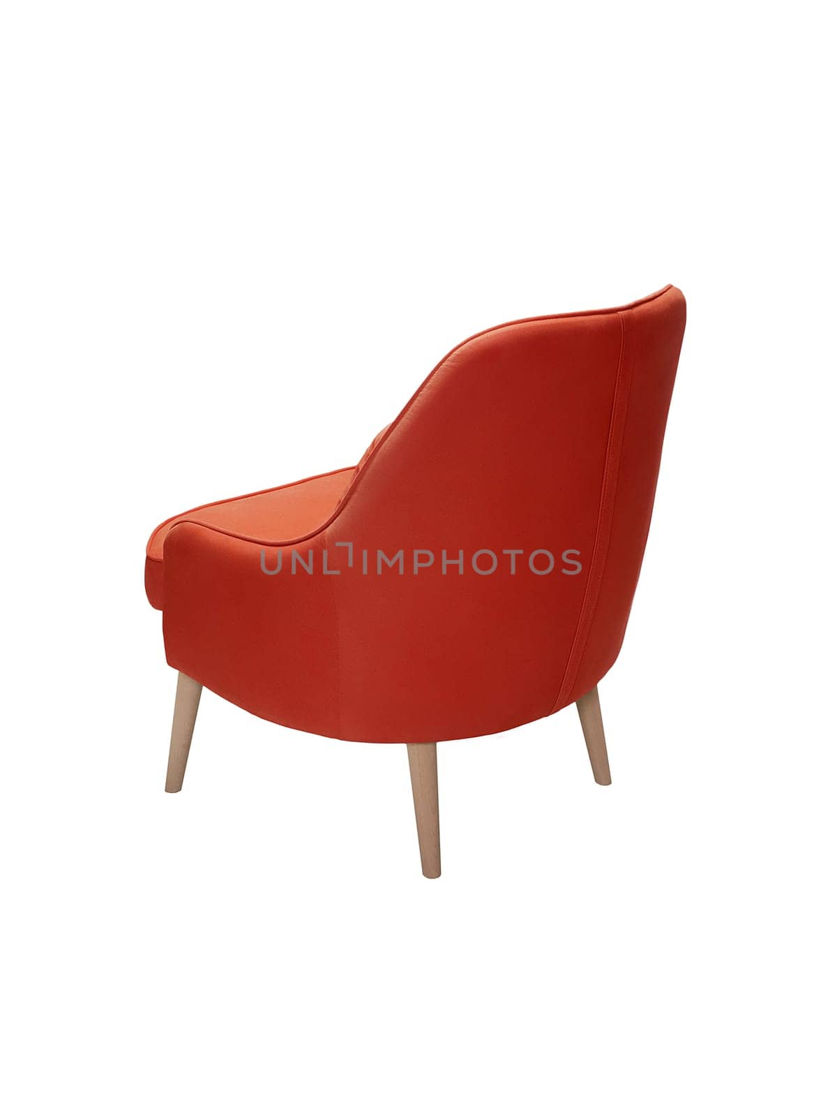 modern red fabric armchair with wooden legs isolated on white background, back view by artemzatsepilin