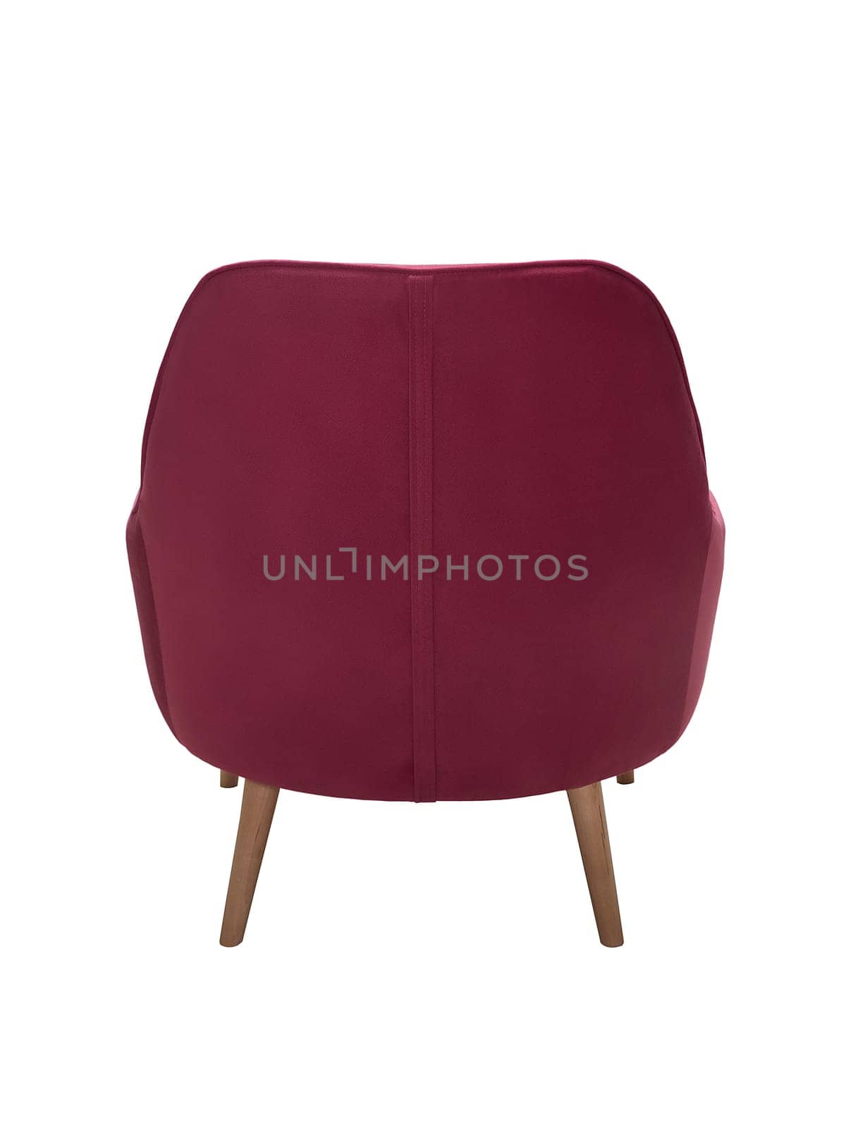 modern crimson fabric armchair with wooden legs isolated on white background, back view by artemzatsepilin
