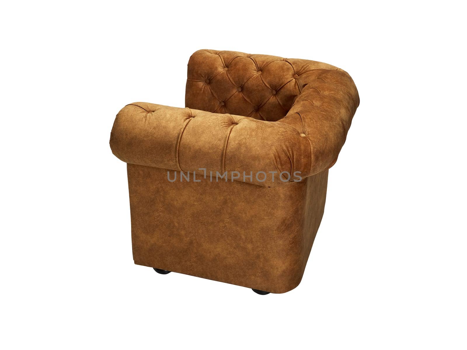 vintage brown leather armchair isolated on white background, back view.