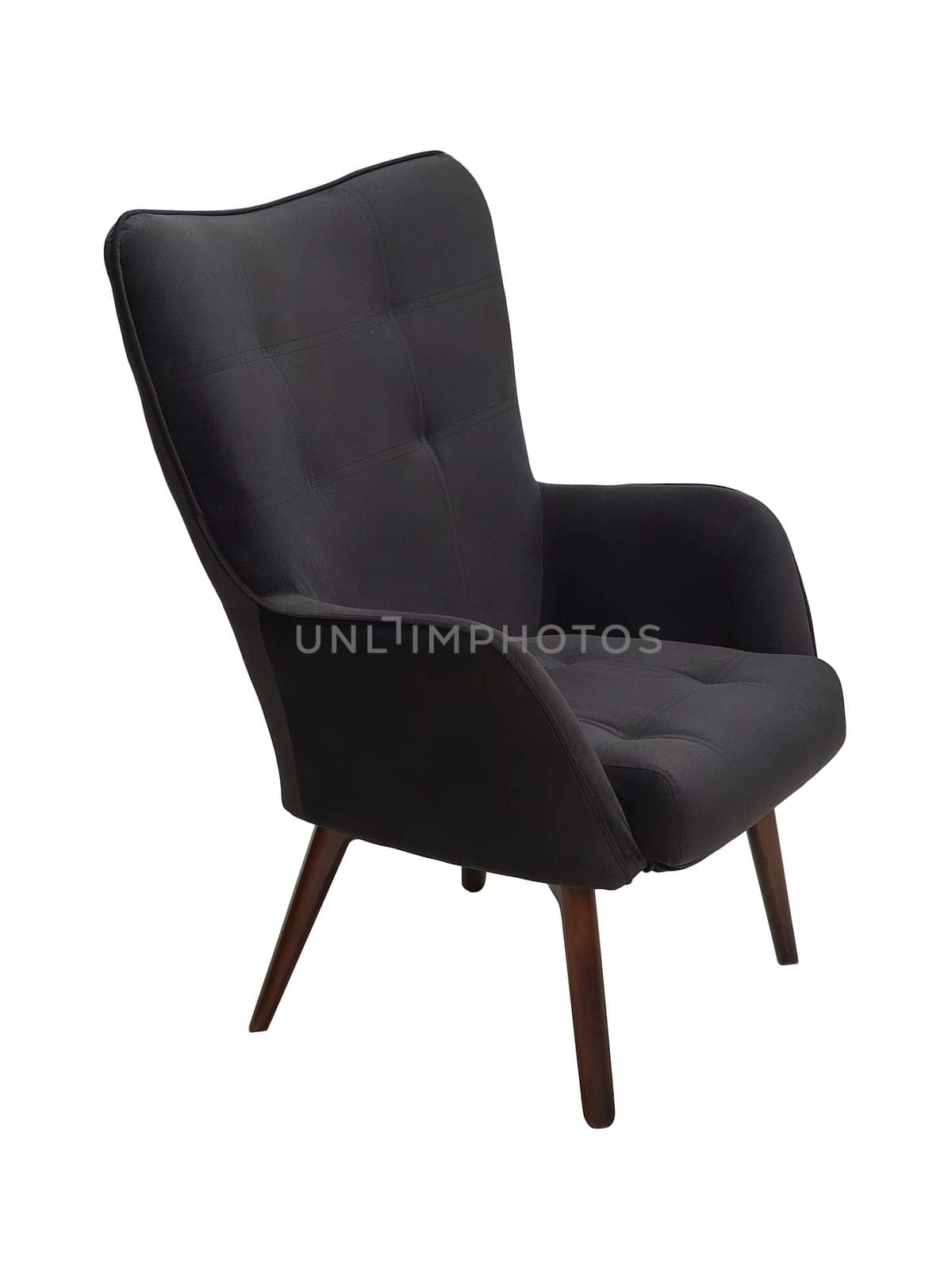 modern black fabric armchair with wooden legs isolated on white background, side view.