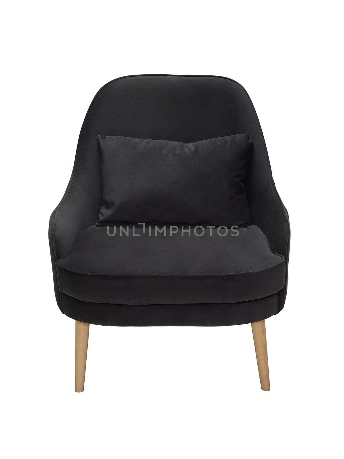 modern black fabric armchair with wooden legs isolated on white background, front view.
