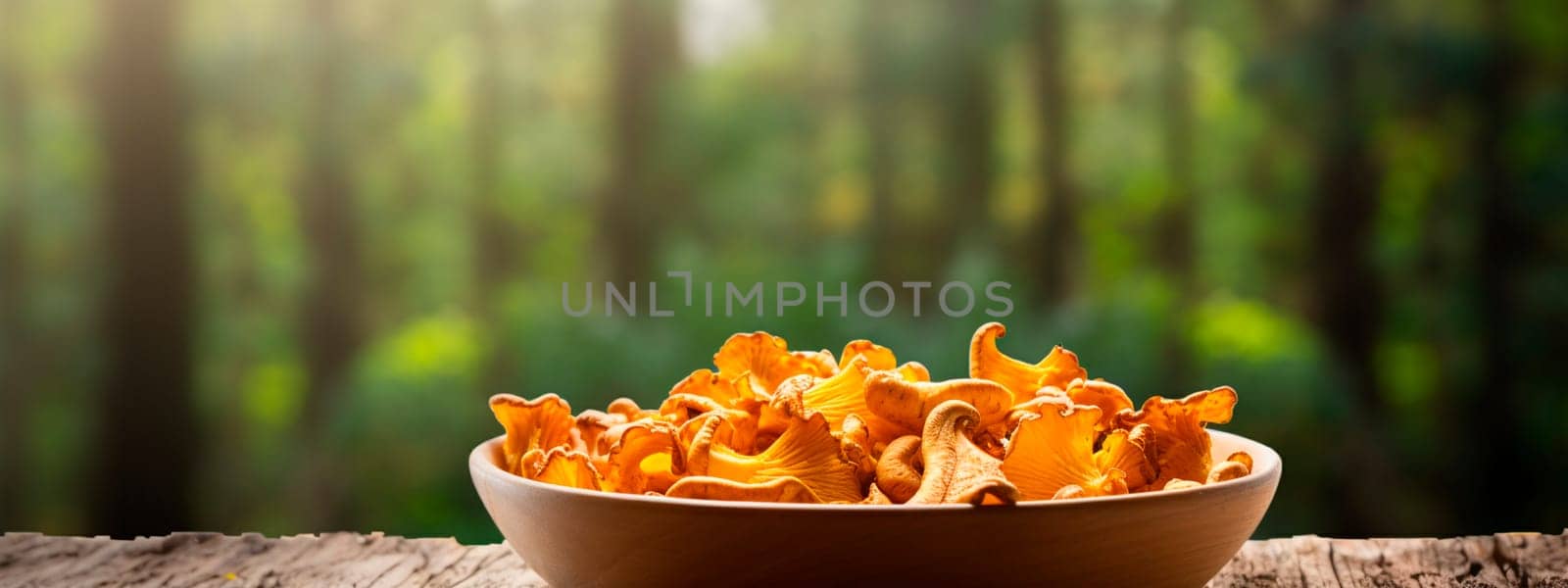 Edible mushrooms against a forest background. Selective focus. Food.
