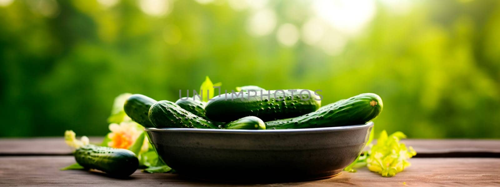 Cucumbers in a bowl against the backdrop of the garden. Selective focus. by yanadjana