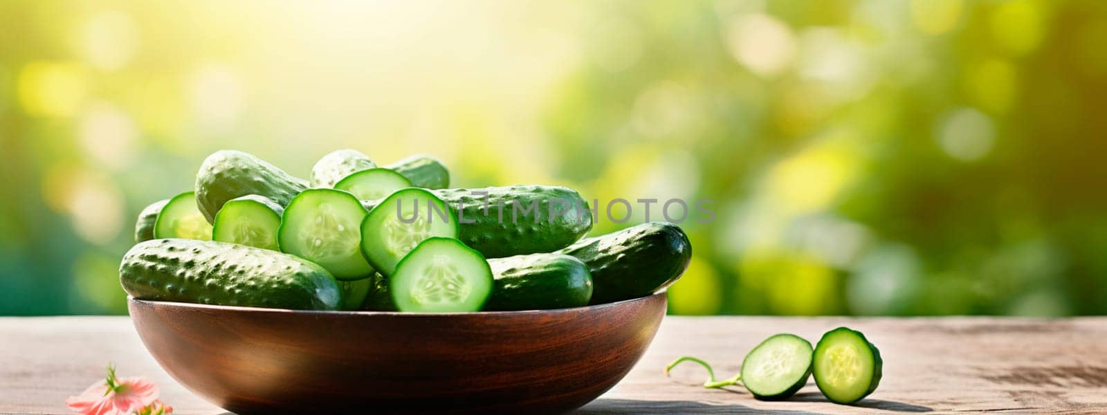Cucumbers in a bowl against the backdrop of the garden. Selective focus. Food.