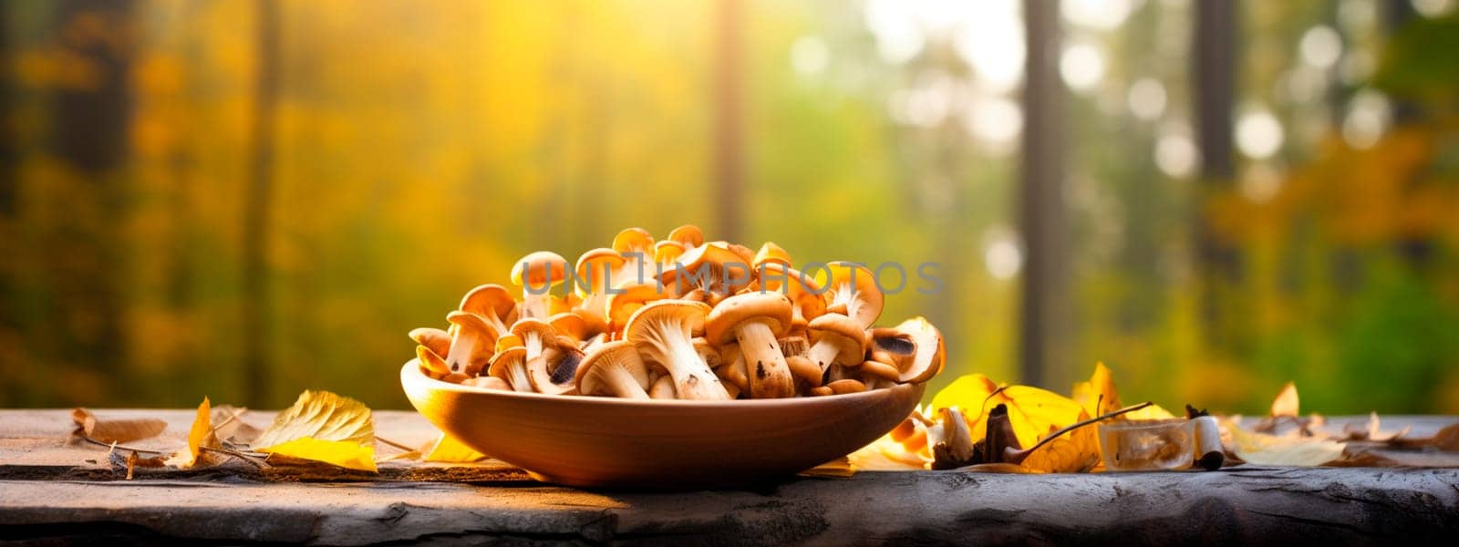 Edible mushrooms against a forest background. Selective focus. Food.