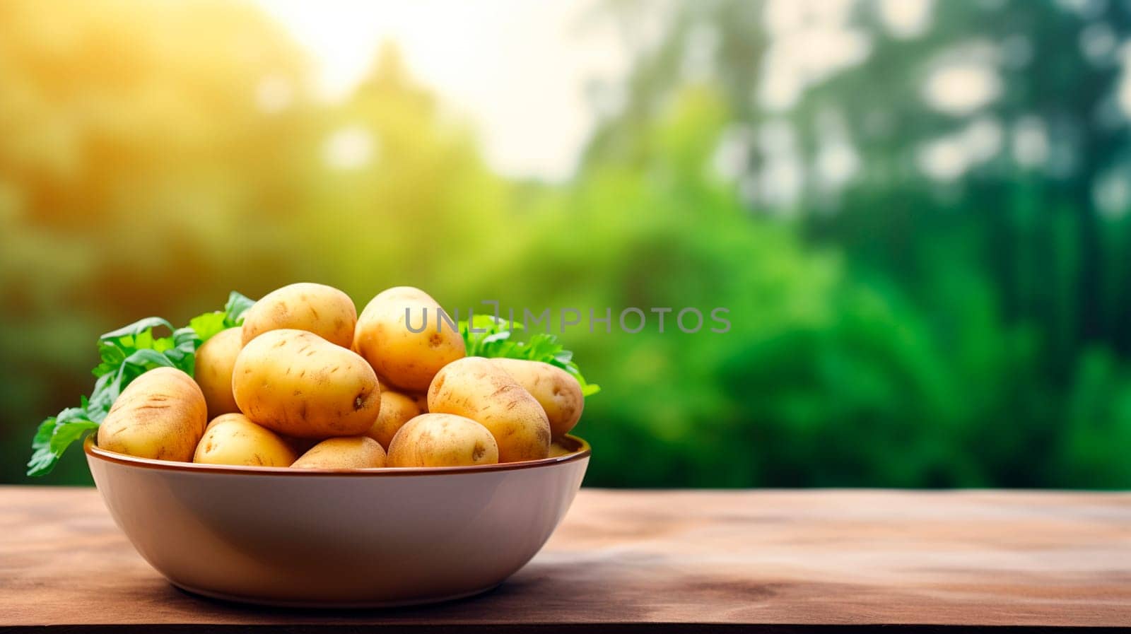 Potatoes in a bowl against the backdrop of the garden. Selective focus. Food.