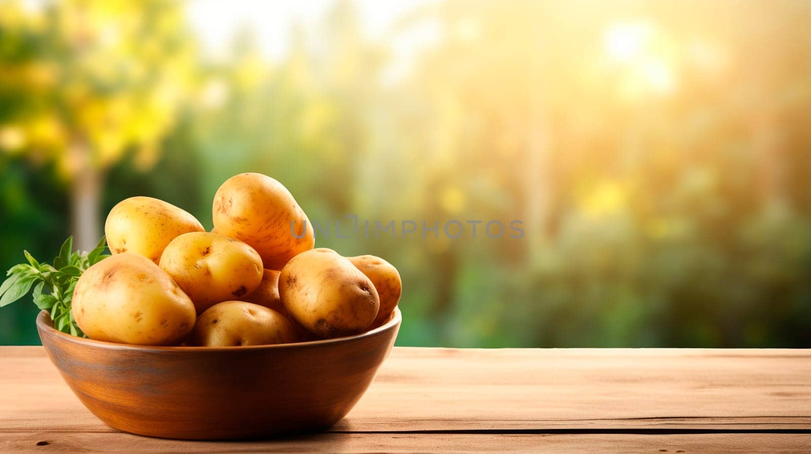 Potatoes in a bowl against the backdrop of the garden. Selective focus. Food.