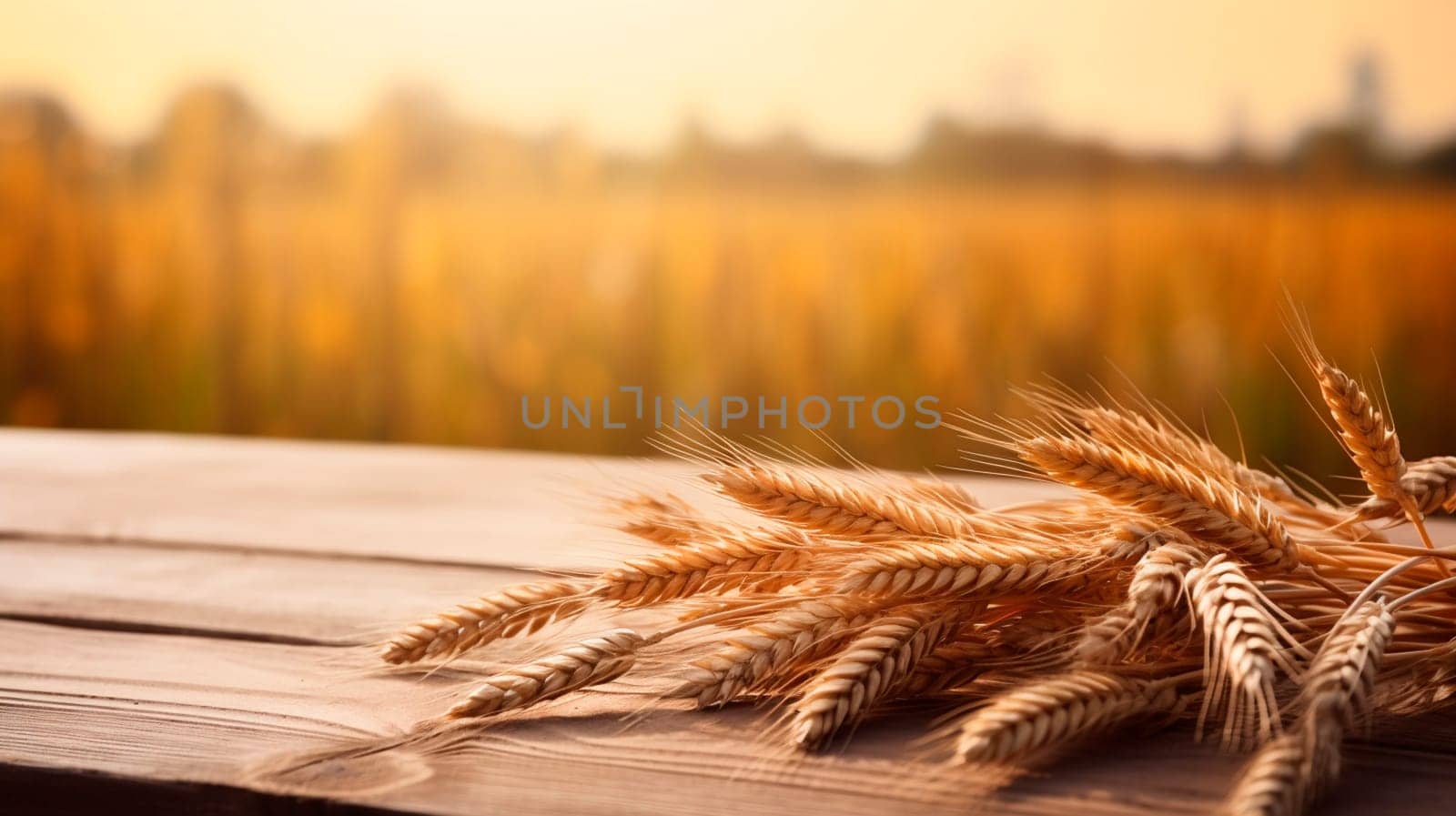 Spikelets of wheat against the background of a field on the table. Selective focus. by yanadjana