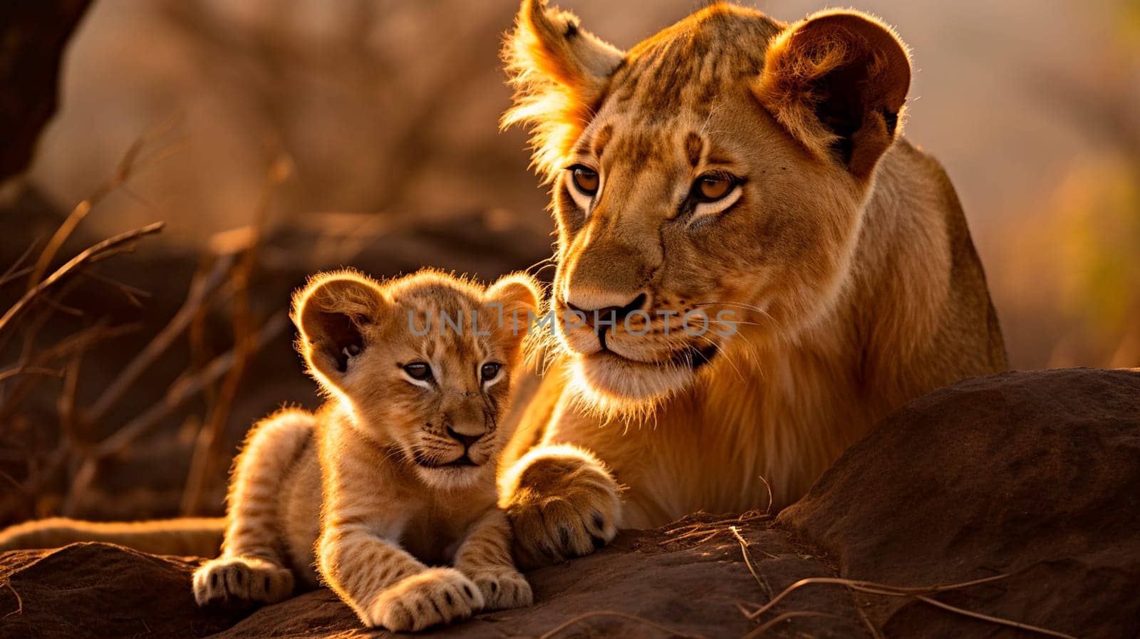 Lioness with a little lion cub. Selective focus. by yanadjana