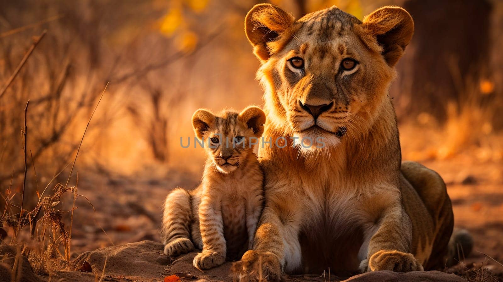 Lioness with a little lion cub. Selective focus. by yanadjana