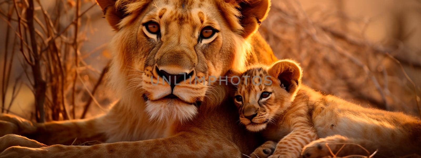 Lioness with a little lion cub. Selective focus. by yanadjana