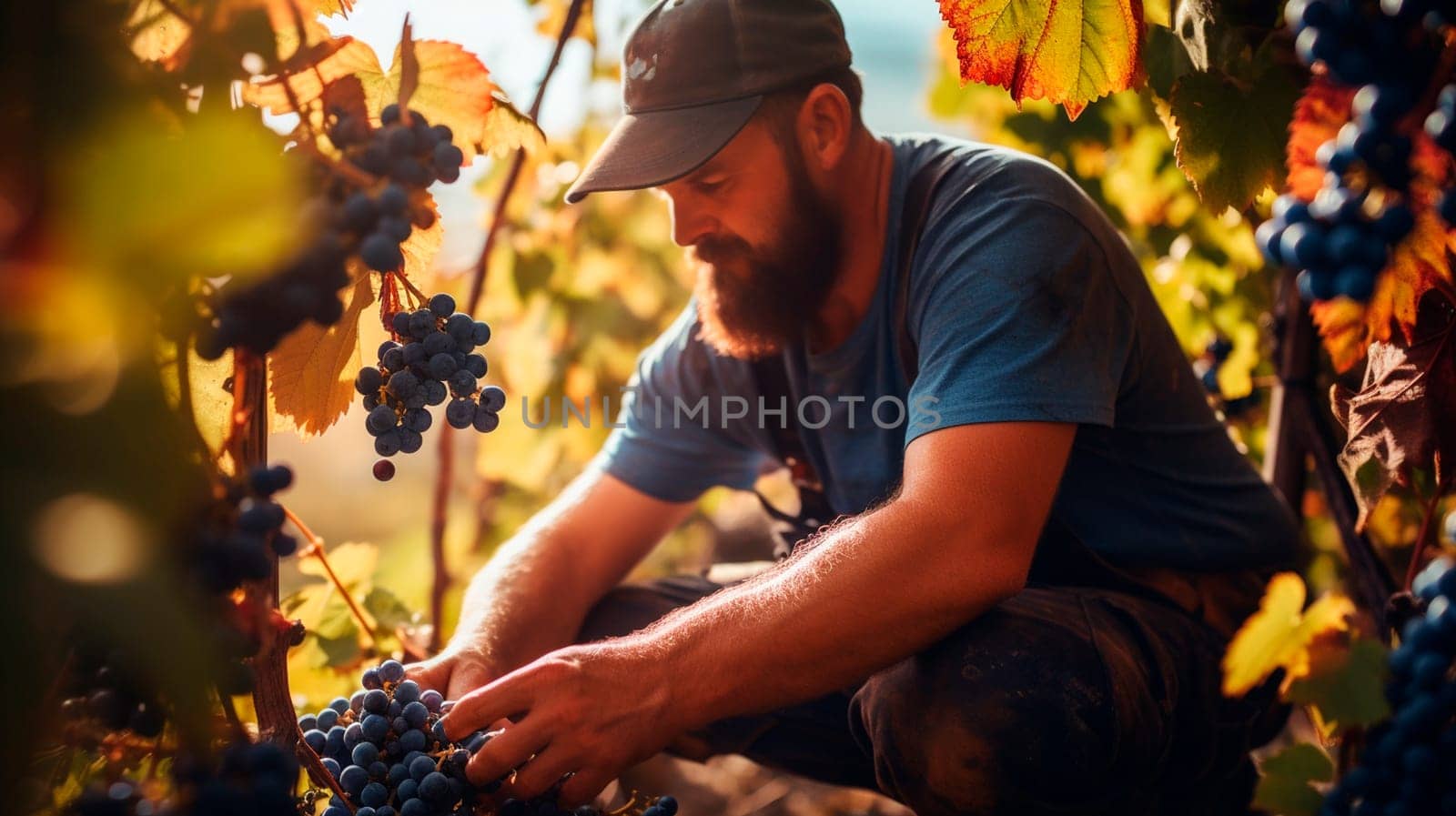 A man harvests grapes in the garden. Selective focus. by yanadjana