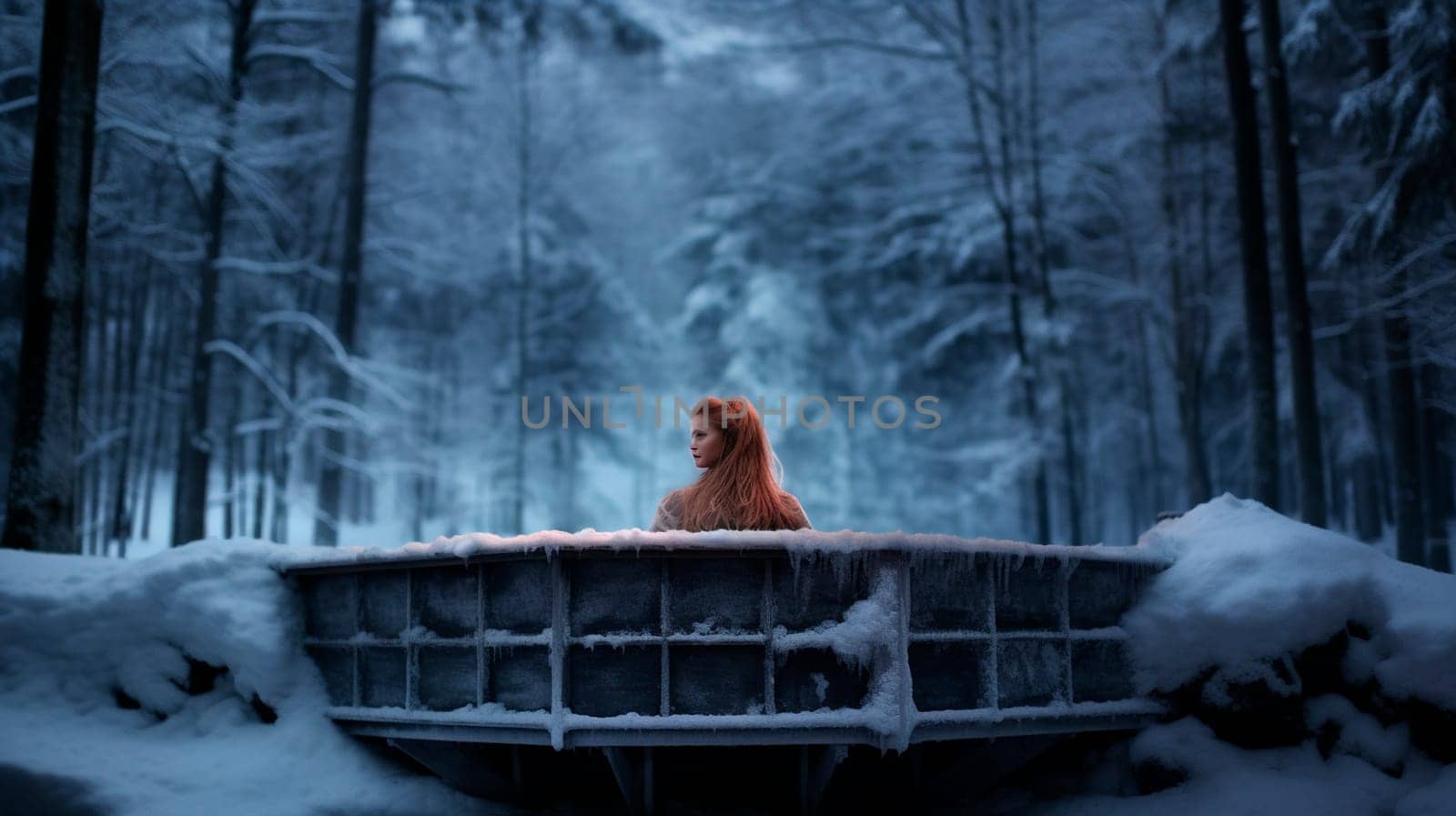A woman enjoys hot water in a hot hot tub, in the forest, in winter. Selective focus. Nature.