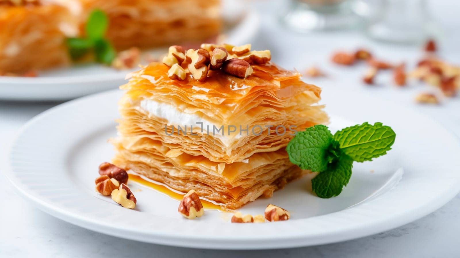 Baklava with nuts and honey on the table. Selective focus. Food.