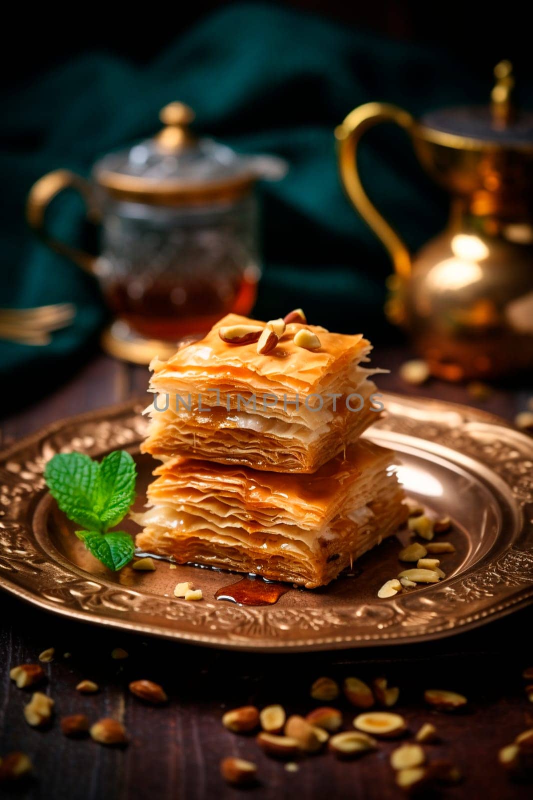Baklava with nuts and honey on the table. Selective focus. Food.