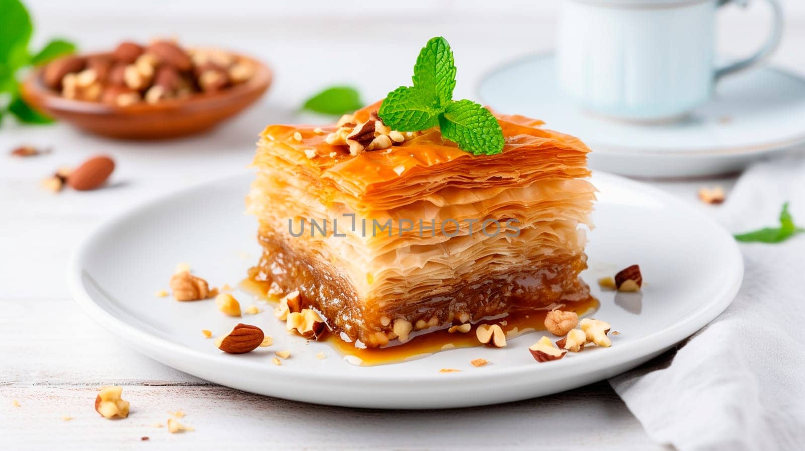 Baklava with nuts and honey on the table. Selective focus. Food.